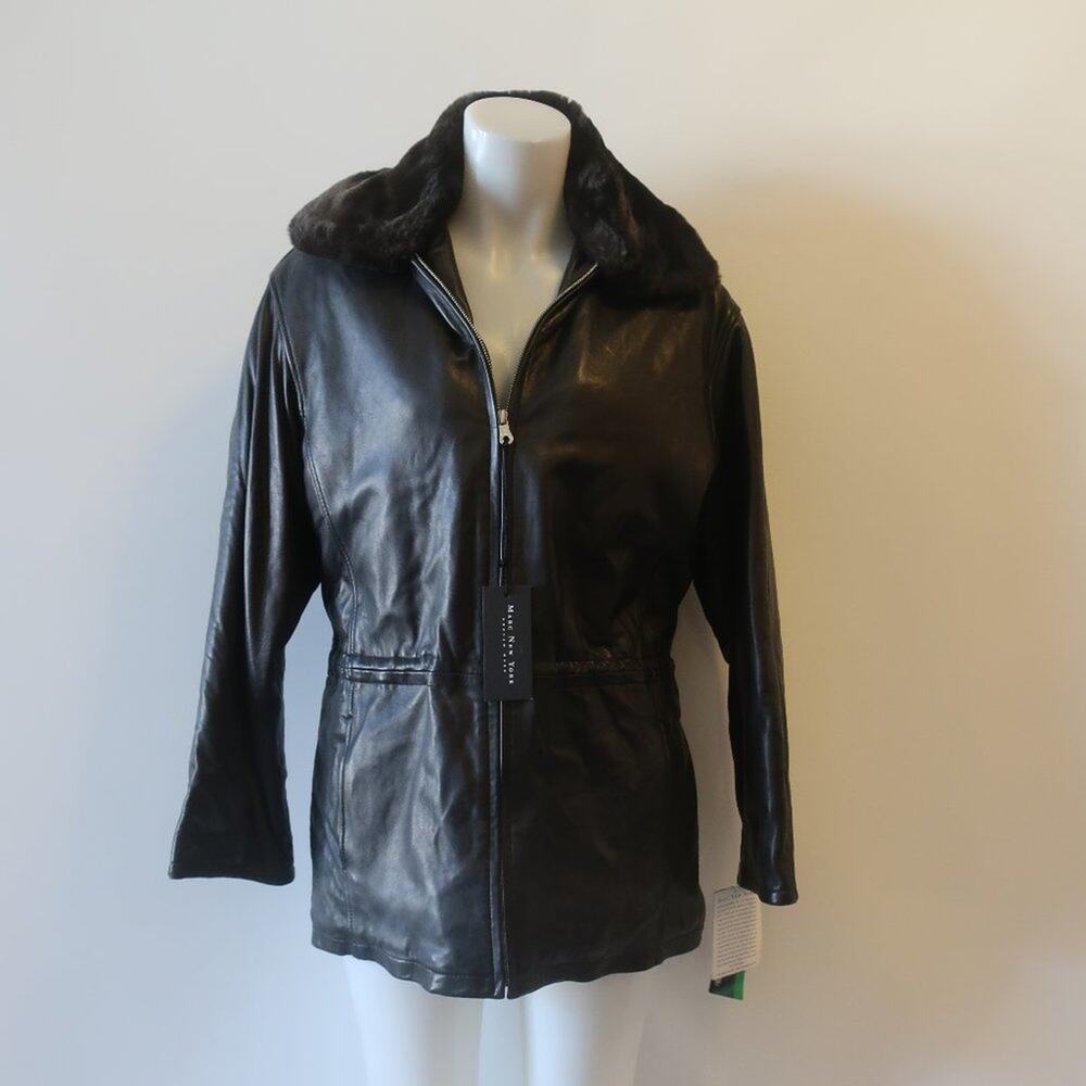 NWT Marc New York Andrew Marc Black Faux Fur Trim Hood Leather Jacket S